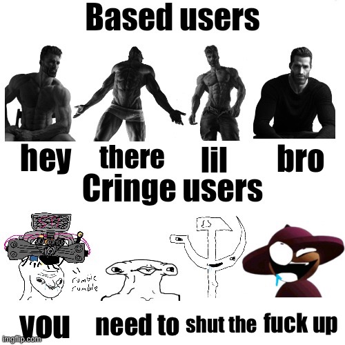 Based Users VS Cringe Users (BenoitX style) | hey there lil bro you need to shut the fuck up | image tagged in based users vs cringe users shadow_benoitx style | made w/ Imgflip meme maker