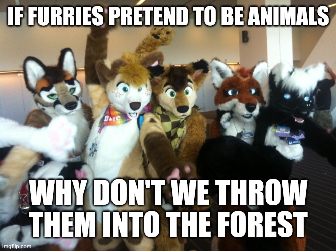 Fax | IF FURRIES PRETEND TO BE ANIMALS; WHY DON'T WE THROW THEM INTO THE FOREST | image tagged in anti furry | made w/ Imgflip meme maker