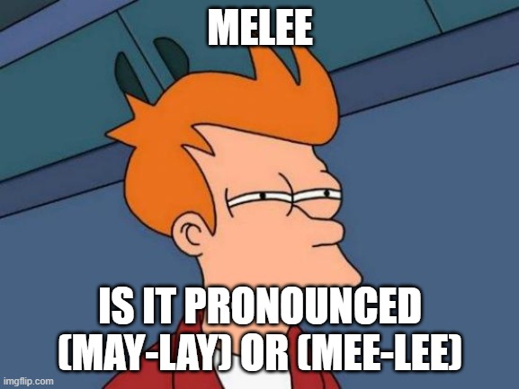 Need to settle an argument with my brother | MELEE; IS IT PRONOUNCED
(MAY-LAY) OR (MEE-LEE) | image tagged in memes,futurama fry | made w/ Imgflip meme maker