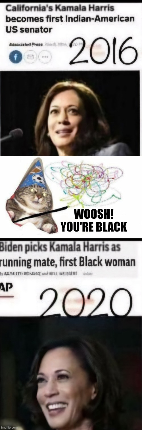 How to use racism to pander to racists | WOOSH!  YOU'RE BLACK | image tagged in kamala,woosh cat twitter compatible | made w/ Imgflip meme maker