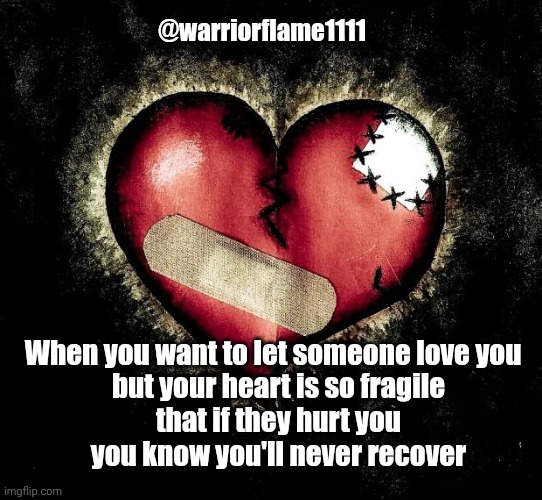 Be careful with my heart | @warriorflame1111; When you want to let someone love you  
but your heart is so fragile
 that if they hurt you 
you know you'll never recover | image tagged in broken heart,love after trauma | made w/ Imgflip meme maker