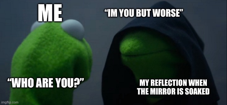 Identity change | “IM YOU BUT WORSE”; ME; “WHO ARE YOU?”; MY REFLECTION WHEN THE MIRROR IS SOAKED | image tagged in memes,evil kermit,funny | made w/ Imgflip meme maker