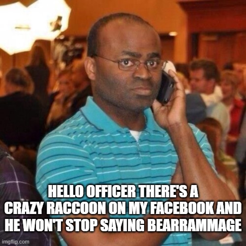 Calling the police | HELLO OFFICER THERE'S A CRAZY RACCOON ON MY FACEBOOK AND HE WON'T STOP SAYING BEARRAMMAGE | image tagged in calling the police | made w/ Imgflip meme maker