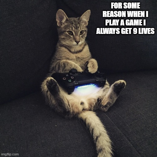 memes by Brad - My cat always gets 9 lives when playing video games | FOR SOME REASON WHEN I PLAY A GAME I ALWAYS GET 9 LIVES | image tagged in funny,cats,gaming,video games,pc gaming,computer games | made w/ Imgflip meme maker