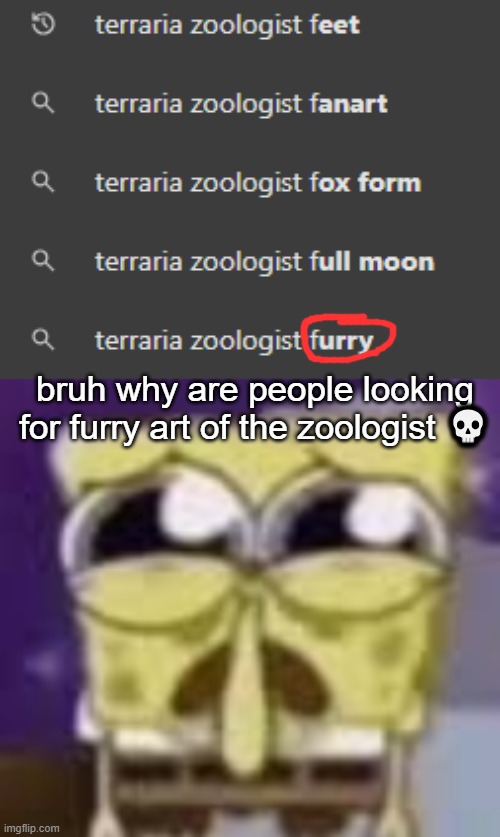 bruh why are people looking for furry art of the zoologist 💀 | image tagged in spunchbop all sad n shit | made w/ Imgflip meme maker