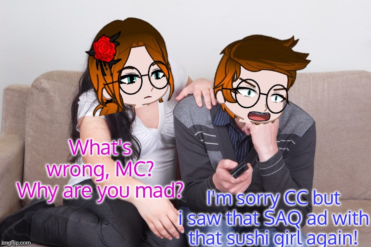 That disturbing ad should be banned! | What's wrong, MC? Why are you mad? I'm sorry CC but i saw that SAQ ad with that sushi girl again! | image tagged in mc,cc,saq,ads,disturbing | made w/ Imgflip meme maker