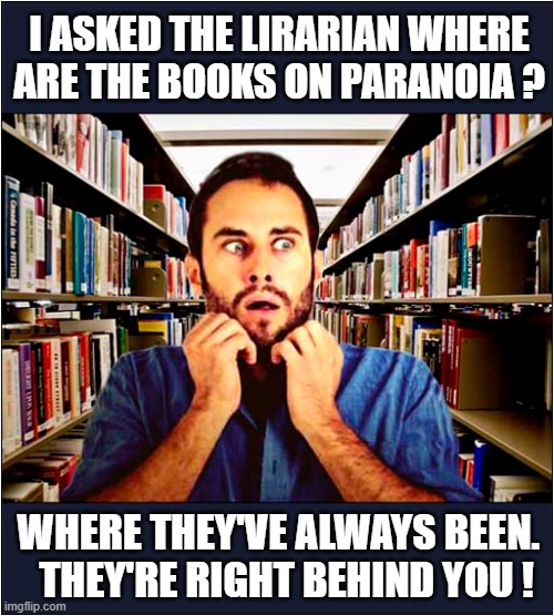 A Scary Visit To The Library ! | I ASKED THE LIRARIAN WHERE ARE THE BOOKS ON PARANOIA ? WHERE THEY'VE ALWAYS BEEN. 
 THEY'RE RIGHT BEHIND YOU ! | image tagged in library,scary,paranoia,fun | made w/ Imgflip meme maker