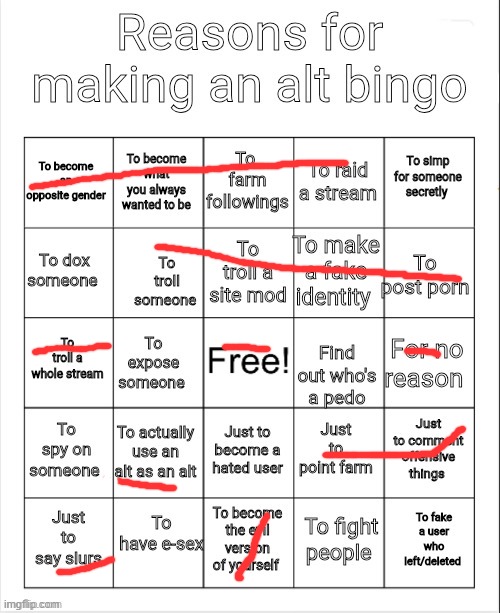 Reasons for making an alt bingo | image tagged in reasons for making an alt bingo | made w/ Imgflip meme maker