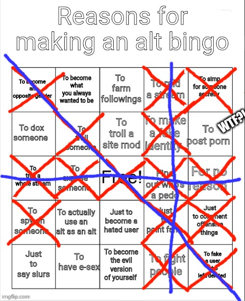 Reasons for making an alt bingo | WTF?! | image tagged in reasons for making an alt bingo | made w/ Imgflip meme maker