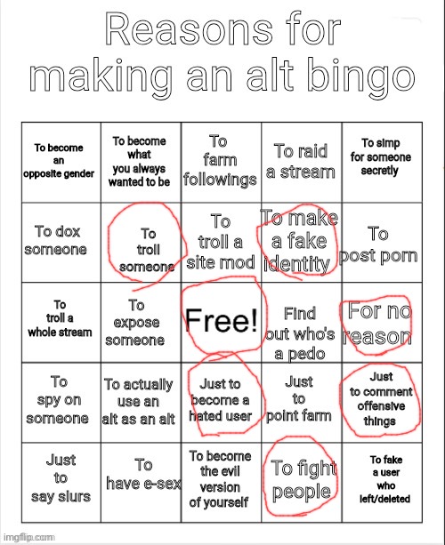 What I have actually used alts for btw | image tagged in reasons for making an alt bingo | made w/ Imgflip meme maker