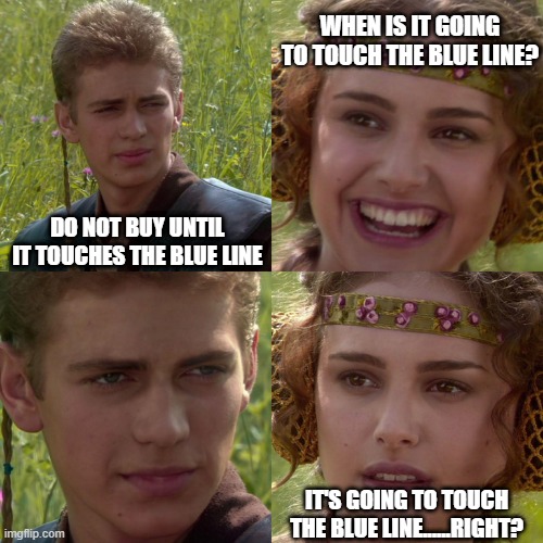 Buying Stonks | WHEN IS IT GOING TO TOUCH THE BLUE LINE? DO NOT BUY UNTIL IT TOUCHES THE BLUE LINE; IT'S GOING TO TOUCH THE BLUE LINE......RIGHT? | image tagged in anakin padme 4 panel | made w/ Imgflip meme maker