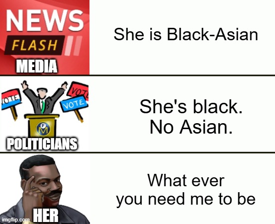 She is Black-Asian; MEDIA; She's black. No Asian. POLITICIANS; What ever you need me to be; HER | image tagged in kamala harris,media,politicians,american politics,identity politics | made w/ Imgflip meme maker