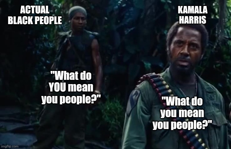 When a Chameleon changes her colors. | KAMALA HARRIS; ACTUAL BLACK PEOPLE; "What do YOU mean you people?"; "What do you mean you people?" | image tagged in memes,politics,republicans,kamala harris,robert downey jr tropic thunder,trending | made w/ Imgflip meme maker