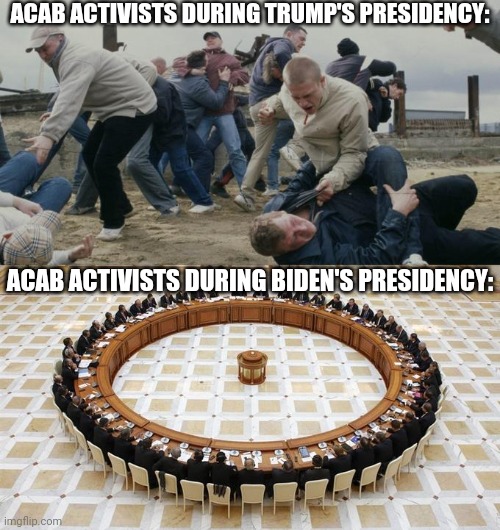 Men Discussing Men Fighting | ACAB ACTIVISTS DURING TRUMP'S PRESIDENCY: ACAB ACTIVISTS DURING BIDEN'S PRESIDENCY: | image tagged in men discussing men fighting | made w/ Imgflip meme maker