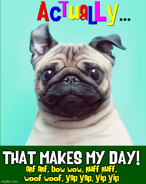 arf arf, bow wow, ruff ruff,
woof woof, yap yap, yip yip THAT MAKES MY DAY! | made w/ Imgflip meme maker