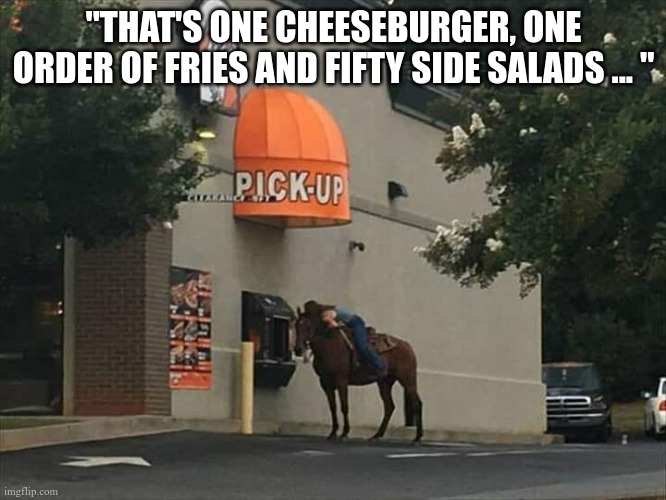 horse at drive-thru | "THAT'S ONE CHEESEBURGER, ONE ORDER OF FRIES AND FIFTY SIDE SALADS ... " | image tagged in horse,restaurant | made w/ Imgflip meme maker