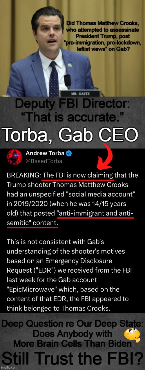 Who Do You Trust more? The FBI or Sushi? | Torba, Gab CEO; _________; ___________; _________; Deep Question re Our Deep State:
Does Anybody with
More Brain Cells Than Biden; Still Trust the FBI? | image tagged in questions,fbi,government corruption,leftists,agenda,political humor | made w/ Imgflip meme maker