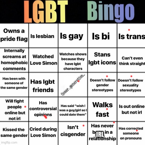 LGBTQ bingo | IRL | image tagged in lgbtq bingo | made w/ Imgflip meme maker