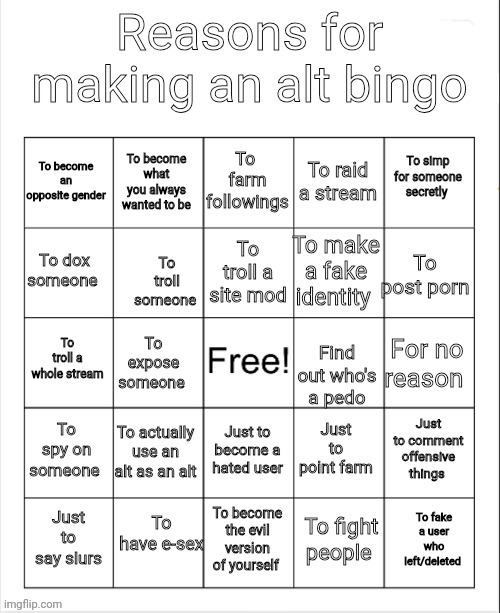 Do it and Don't lie | image tagged in reasons for making an alt bingo | made w/ Imgflip meme maker