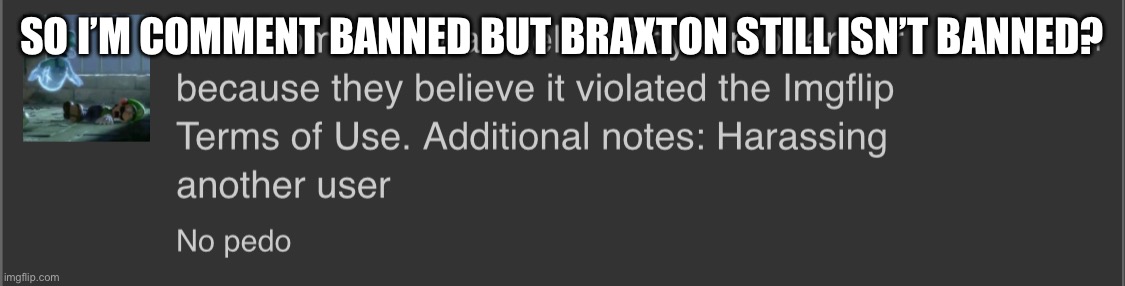 SO I’M COMMENT BANNED BUT BRAXTON STILL ISN’T BANNED? | made w/ Imgflip meme maker