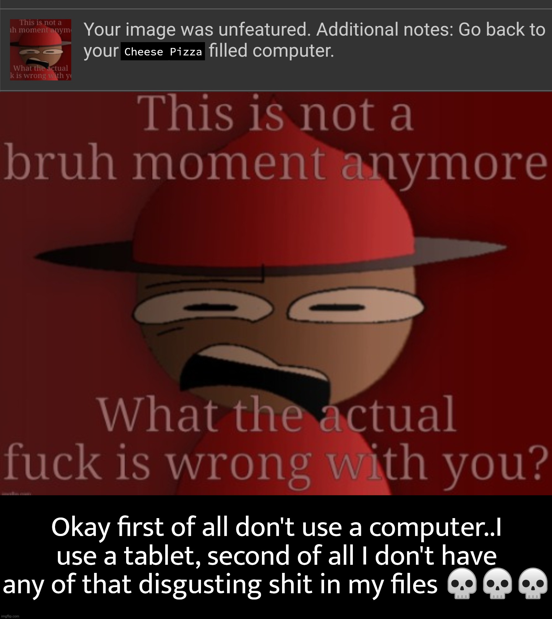 Wtf | Cheese Pizza; Okay first of all don't use a computer..I use a tablet, second of all I don't have any of that disgusting shit in my files 💀💀💀 | image tagged in not a bruh moment anymore without spacing | made w/ Imgflip meme maker