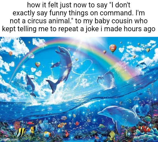 Happy dolphin rainbow | how it felt just now to say "I don't exactly say funny things on command. I'm not a circus animal." to my baby cousin who kept telling me to repeat a joke i made hours ago | image tagged in happy dolphin rainbow | made w/ Imgflip meme maker