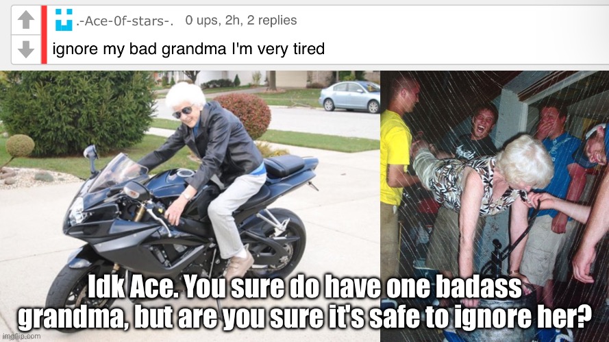 LGBTQ comment shitpost: Bad grandma | Idk Ace. You sure do have one badass grandma, but are you sure it's safe to ignore her? | image tagged in comments,comment section,lgbtq,shitpost,grandma | made w/ Imgflip meme maker