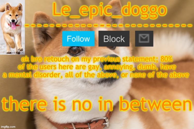 epic doggo's temp back in old fashion | ok bro retouch on my previous statement; 80% of the users here are gay, annoying, dumb, have a mental disorder, all of the above, or none of the above; there is no in between | image tagged in epic doggo's temp back in old fashion | made w/ Imgflip meme maker