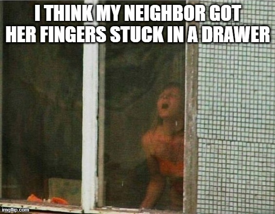 Something's Stuck All Right | I THINK MY NEIGHBOR GOT HER FINGERS STUCK IN A DRAWER | image tagged in sex jokes | made w/ Imgflip meme maker