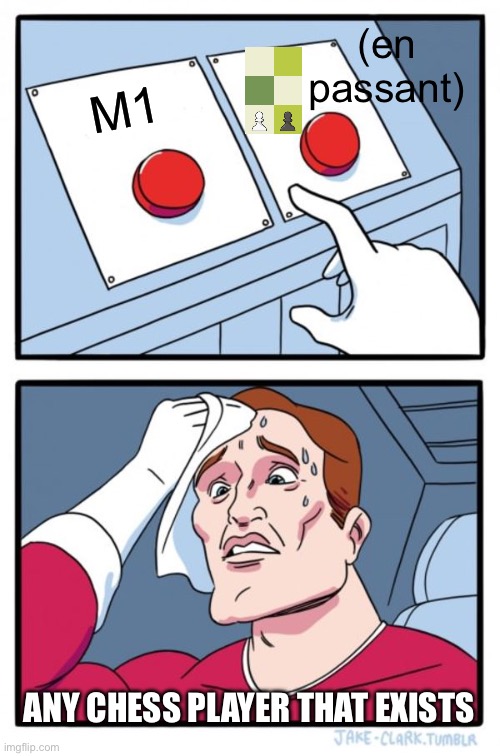 who would choose checkmate over en passant? | (en passant); M1; ANY CHESS PLAYER THAT EXISTS | image tagged in memes,two buttons,chess | made w/ Imgflip meme maker