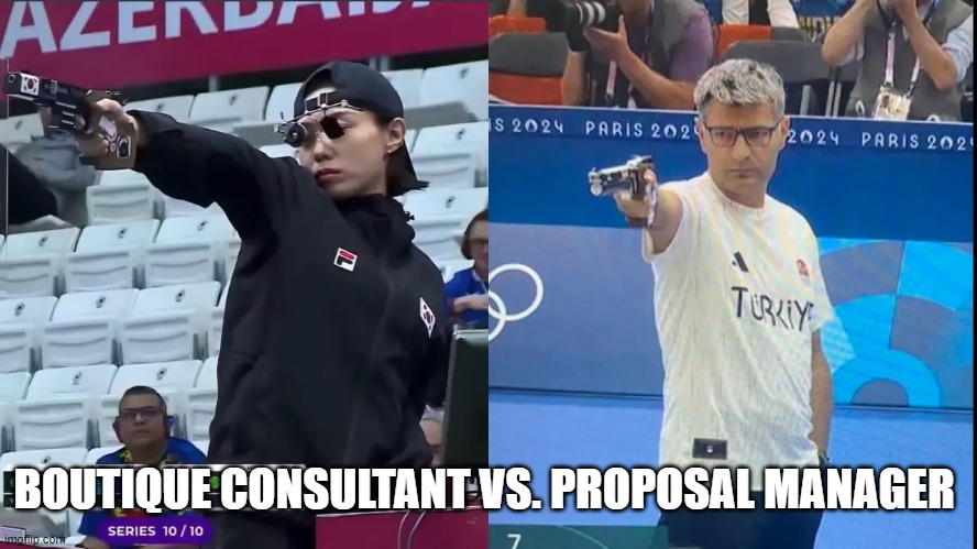 Proposal Managers Be Like | BOUTIQUE CONSULTANT VS. PROPOSAL MANAGER | image tagged in turkey shoot,olympics,proposal | made w/ Imgflip meme maker