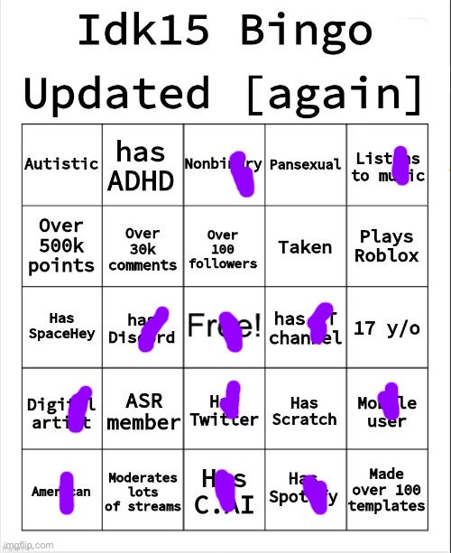 Idk15 Bingo [Updated again] | image tagged in idk15 bingo updated again | made w/ Imgflip meme maker