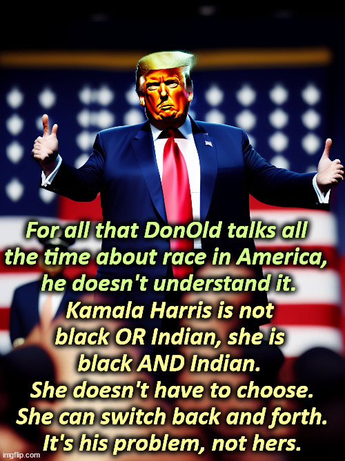 That's his age, deterioration and racism showing. | For all that DonOld talks all 
the time about race in America, 
he doesn't understand it. Kamala Harris is not 
black OR Indian, she is 
black AND Indian. 
She doesn't have to choose.
She can switch back and forth.
It's his problem, not hers. | image tagged in kamala harris,black,indian,why not both,trump,stupid | made w/ Imgflip meme maker