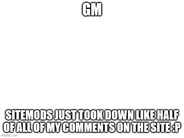 GM; SITEMODS JUST TOOK DOWN LIKE HALF OF ALL OF MY COMMENTS ON THE SITE :P | made w/ Imgflip meme maker