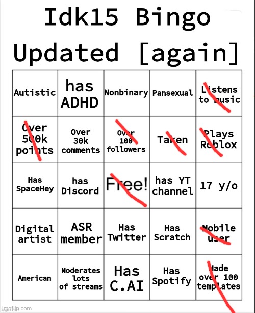 Idk15 Bingo [Updated again] | image tagged in idk15 bingo updated again | made w/ Imgflip meme maker