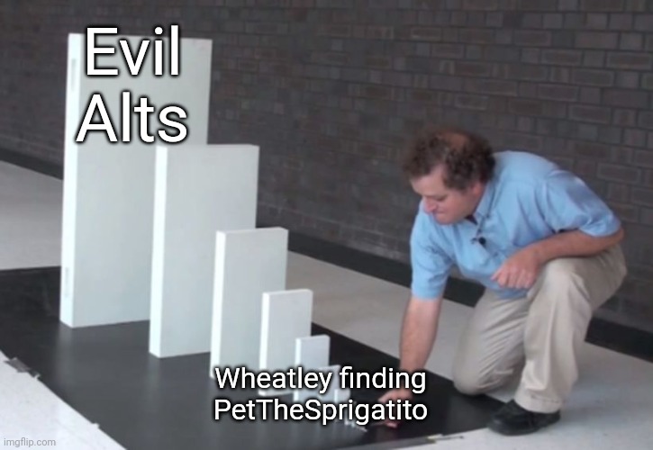 Domino Effect | Evil Alts; Wheatley finding PetTheSprigatito | image tagged in domino effect | made w/ Imgflip meme maker