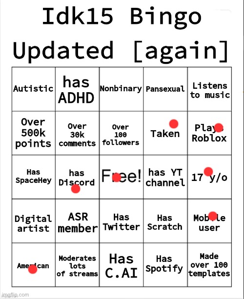 Idk15 Bingo [Updated again] | image tagged in idk15 bingo updated again | made w/ Imgflip meme maker