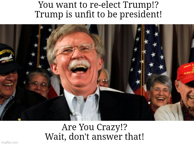 John Bolton Laughing | You want to re-elect Trump!?
Trump is unfit to be president! Are You Crazy!?
Wait, don't answer that! | image tagged in john bolton laughing | made w/ Imgflip meme maker