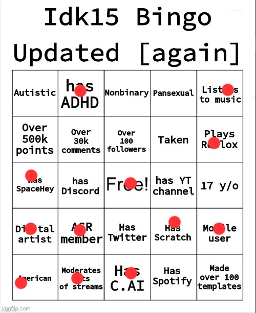 Idk15 Bingo [Updated again] | image tagged in idk15 bingo updated again | made w/ Imgflip meme maker