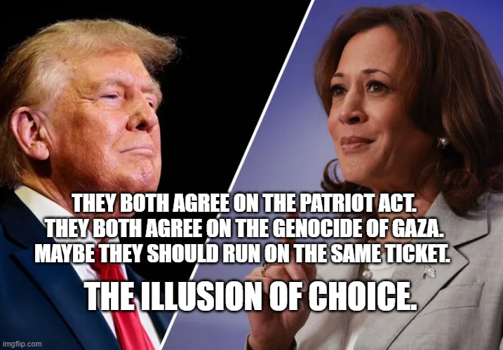 Harris-v-Trump | THEY BOTH AGREE ON THE PATRIOT ACT. THEY BOTH AGREE ON THE GENOCIDE OF GAZA. MAYBE THEY SHOULD RUN ON THE SAME TICKET. THE ILLUSION OF CHOICE. | image tagged in harris-v-trump | made w/ Imgflip meme maker