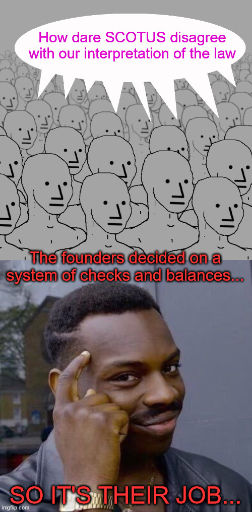 Libs hate the Constitution...  because their interpretation is unConstitutional... | How dare SCOTUS disagree with our interpretation of the law; The founders decided on a system of checks and balances... SO IT'S THEIR JOB... | image tagged in npc-crowd,thinking black guy,libs,shocked their interpretation is not universal | made w/ Imgflip meme maker