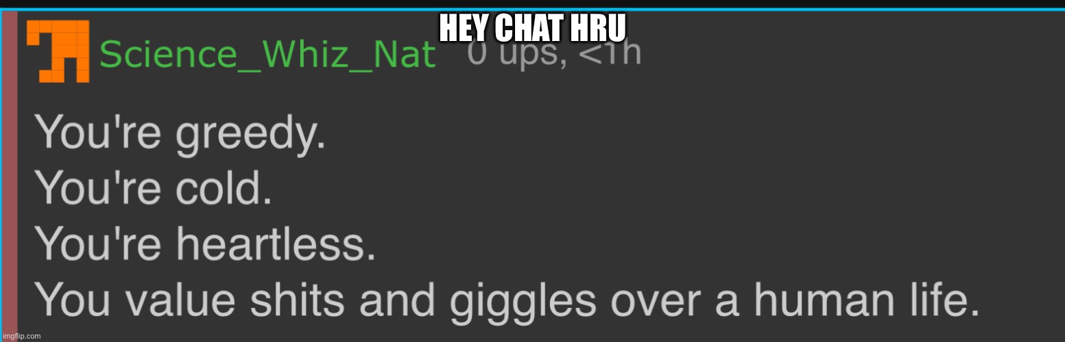 You’re Greedy. You’re Cold. You’re Heartless. | HEY CHAT HRU | image tagged in you re greedy you re cold you re heartless | made w/ Imgflip meme maker