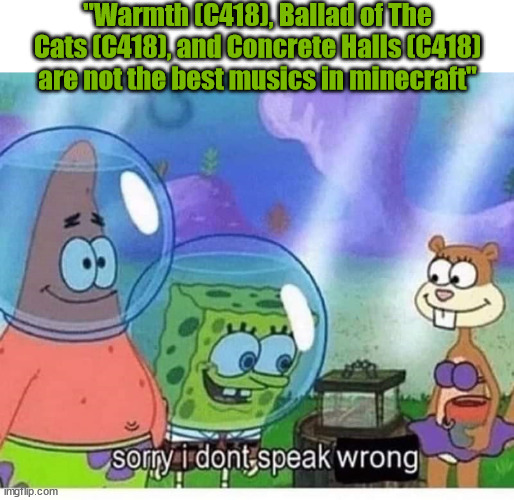 i mean the others are good, but listed to Warth or Concrete Halls, they are PEAK | "Warmth (C418), Ballad of The Cats (C418), and Concrete Halls (C418) are not the best musics in minecraft" | image tagged in sorry i dont speak wrong,minecraft | made w/ Imgflip meme maker