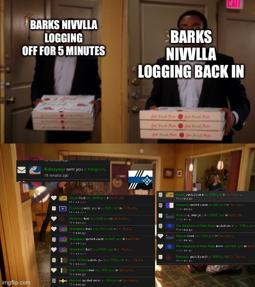 Community troy Pizza Meme | BARKS NIVVLLA LOGGING OFF FOR 5 MINUTES; BARKS NIVVLLA LOGGING BACK IN | image tagged in community troy pizza meme | made w/ Imgflip meme maker