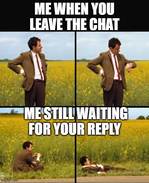 When you leave the chat | ME WHEN YOU LEAVE THE CHAT; ME STILL WAITING FOR YOUR REPLY | image tagged in mr bean waiting | made w/ Imgflip meme maker