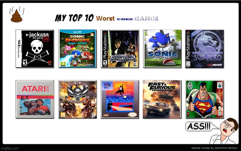 Top 10 Worst Video Games Ever (Credit to Badboylol for the template in Deviantart) | image tagged in worst game,top 10,worst video game,rank,meme,opinion | made w/ Imgflip meme maker