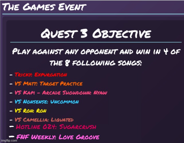 I made the funky friday the games quest better | 4; 8; -; Hotline 024: Sugarcrush; -; FNF Weekly: Love Groove | made w/ Imgflip meme maker