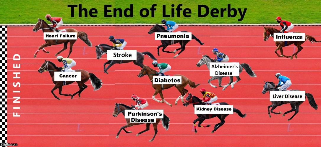 One Of These Horses Will Cross The Finished Line | image tagged in death knocking at the door,real life,not funny,sad but true,meme | made w/ Imgflip meme maker