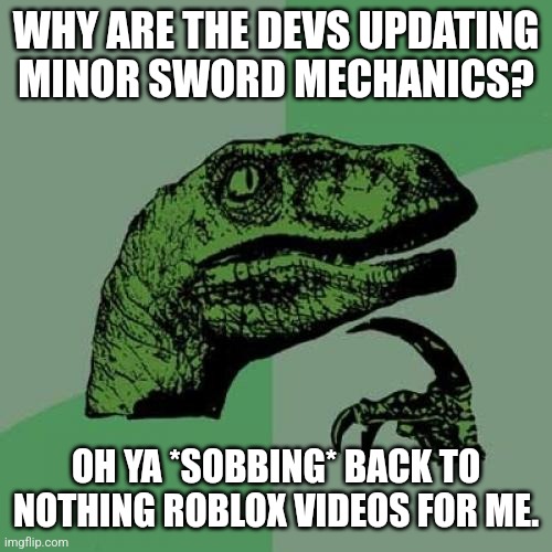 You know what DLC I am referring to | WHY ARE THE DEVS UPDATING MINOR SWORD MECHANICS? OH YA *SOBBING* BACK TO NOTHING ROBLOX VIDEOS FOR ME. | image tagged in memes,philosoraptor | made w/ Imgflip meme maker