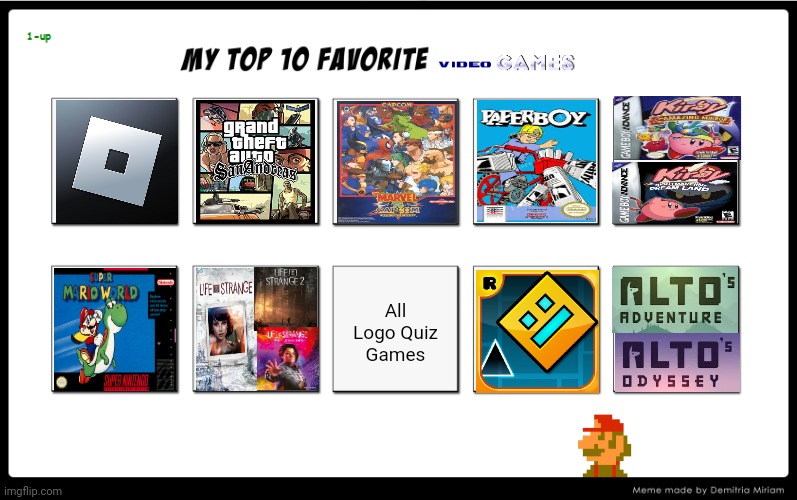 My Top 10 Favourite Video Games Ever (Credit to BadBoyLol for the template on Deviantart) | All Logo Quiz
Games | image tagged in top 10,favourite game,best game,video games,meme,opinion | made w/ Imgflip meme maker